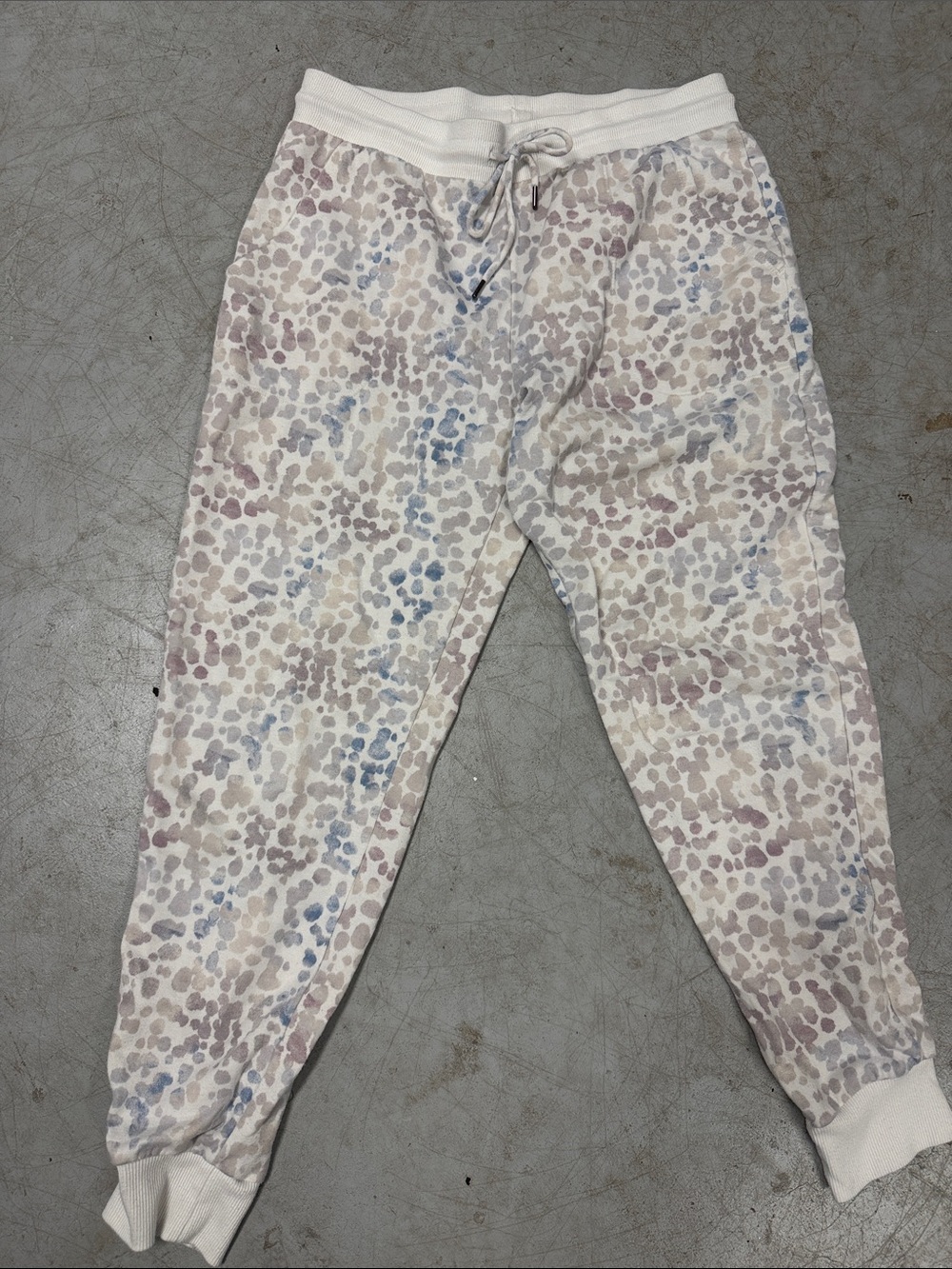 Neutral Spot Print Jogger Sweats - Soft Cream Gray & Blue Print - Size Medium